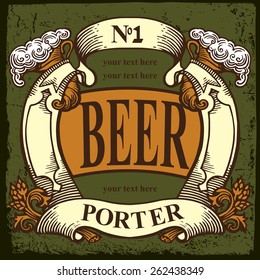 Beer label design contains images of ribbon,text,place for text,hop,horn of plenty and pattern.Labels design. Old etching style.