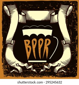 Beer label design contains images of ribbon,text and beer mug on vintage background.Beer label design.Vintage style.