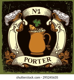 Beer label design contains images of ribbons,beer mug,clover,fish on vintage background.Beer design.Vintage style.