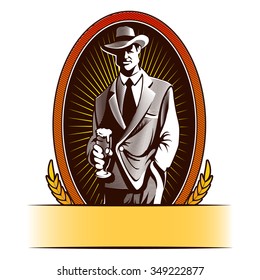 Beer label design contains images of cartoon Man drinking beer 