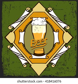 Beer label design. Beer label design contains images of ornament frame and beer glass on vintage background.
