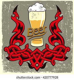 Beer label design. Label design contains ornament frame and beer glass on vintage background.