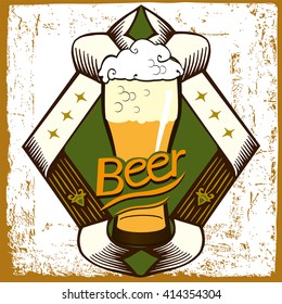 Beer label design with  frame and beer glass.Beer label contains images of ribbons,stars,beer glass on vintage background.