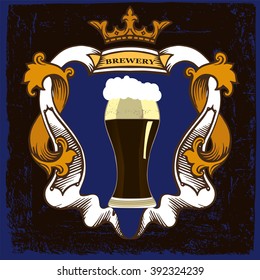  Beer label design with beer glass. Beer label for brasserie restaurant with dark beer glass and crown on vintage background.Vintage style.