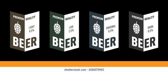 Beer label design with hop. Original, light, live, dark. Vector EPS set