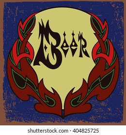Beer label design with ornament frame.Beer label design with figure frame on vintage background.Cartoon style.