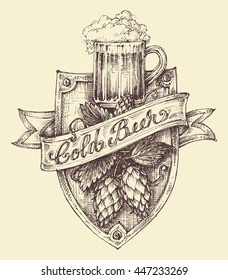 Diseño de etiquetas de cerveza, una pinta llena de cerveza y lúpulo