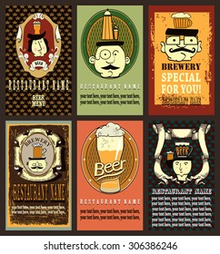 Beer label design set with hipster cartoon characters contains images of ribbons,cartoon men,women,beer glass,beer mug on different background. Beer labels set. Vintage style.