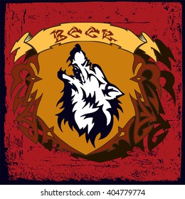 Beer label design with wolf.Label contains images of wolf,,ribbons,text  on vintage background. Biker style.