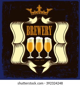 Beer label design.Beer label for brasserie restaurant with beer glasses and crown.Vintage style.