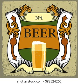 Beer label design.Beer label contains images of coat of arms,ribbons and beer glass with light beer on vintage background. Vintage style.