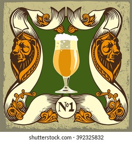 Beer label design.Beer label contains images of beer glass,lions,coat  of arms on vintage background.Vintage style.