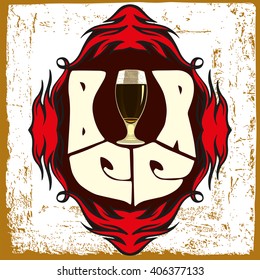 Beer label design.Beer label design contains images of beer glass,ornament frame,text and vintage background.