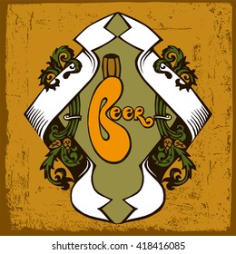 Beer label design.Beer label design contains images of ornament frame, beer tun and text on vintage background.