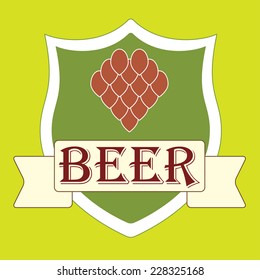 Beer label or emblem with shield and ribbon. Colorful vector illustration. Design element for brewery, pub, menu drawing in flat design.