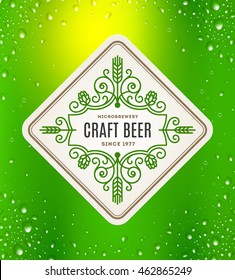 Beer label with flourishes emblem on a green beer glass background - vector illustration