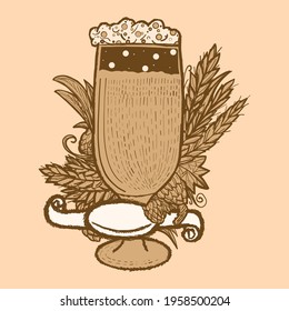 Beer label in a glass with hops, wheat spikelets and blank ribbon. Retro color, sepia sketch.