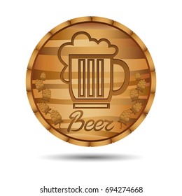 Beer label with hops on wooden barrel