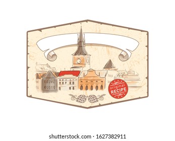 Beer label with illustration of Prague.