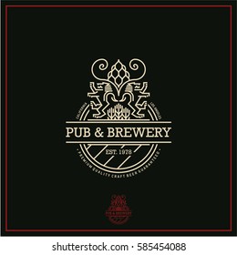 beer label, line beer logo, pub and brewery emblem