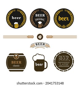 Beer label and logos. Wooden barrel. Beer keg. Flat vector illustration isolated on white background.