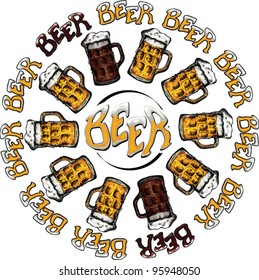 Beer label, mugs or pints in a circle