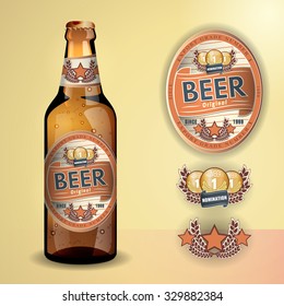 Beer Label and neck label on clear transparent glass beer bottle with aluminum lid - vector visual, for beer, lager, ale etc. Fully adjustable & scalable.