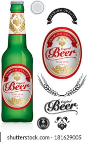 Beer Label and neck label on green beer bottle 330 ml - vector visual, ideal for beer, lager, ale, stout etc. Drawn with mesh tool. Fully adjustable & scalable.