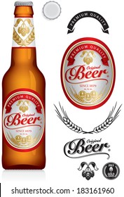 Beer Label and neck label on green brown bottle 330 ml - vector visual, ideal for beer, lager, ale, stout etc. Drawn with mesh tool. Fully adjustable & scalable.