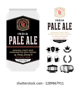 Beer label on aluminium can. Pale ale label. Brewing company branding and identity icons and design elements.