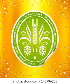 Beer label on beer background with drops - vector illustration