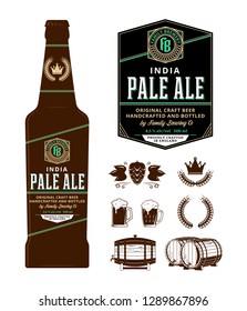 Beer label on bottle. India pale ale label. Brewing company branding and identity icons and design elements.