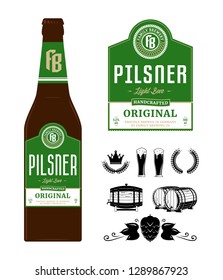Beer label on bottle. Pilsner label. Brewing company branding and identity icons and design elements.