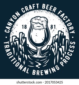 Beer label for retro craft brewery. Vintage beer bar mug or glass with foam for factory. Pint and stout ipa with bubble froth for saloon or tavern