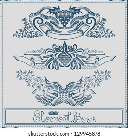 beer label with ribbon grain hop element engraving