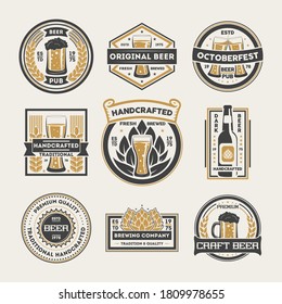 Beer label set. Isolated flat retro pub craft alcohol drink mug, bottle, glass symbol icons. Bar beer label design collection. Brewery and Oktoberfest banner vector illustration