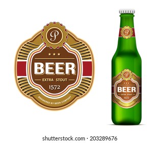 Beer Label Template And Green Beer Bottle Label Mockup. Vector Illustration