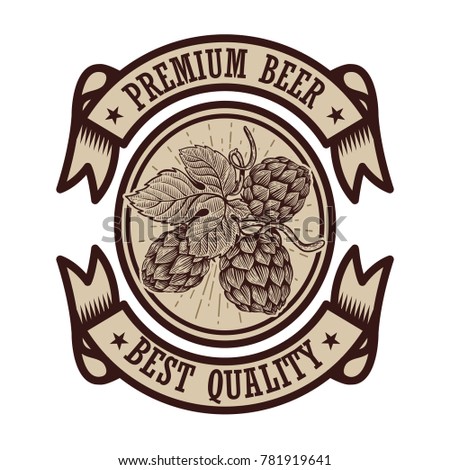 Beer label template with hand drawn hop in engraving style. Design element for poster, emblem, logo, sign. Vector illustration