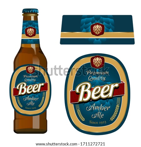 Beer label template with neck label. Amber ale beer. Vector Illustration.