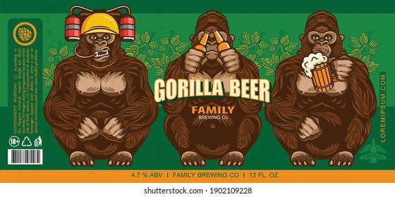 Beer Label With Three Wise Gorillas. Three Wise Gorillas Holding A Mug Of Beer, With Beer helmet and beer bottles. Vector Illustration.