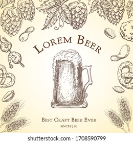 Beer label vector vintage. pub banner, flyer template in retro engraved style. frame with hops vine, beer snack, wheat or barley ears and beer glass with foam. square grunge beer background for design