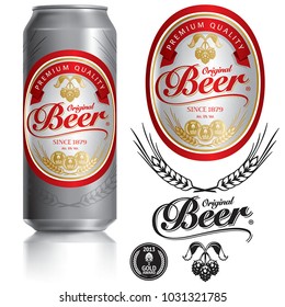 Beer Label vector visual on Black aluminum drinks can 500 ml, ideal for beer, lager, ale, stout etc. Can drawn with mesh tool. Fully adjustable & scalable.