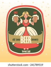 beer label with a young waitress holding two mugs of beer