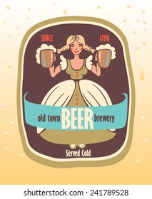 beer label with a young waitress holding two mugs of beer