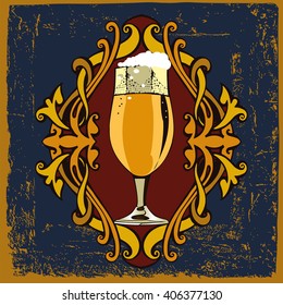 Beer label.Beer label design contains images of beer glass,ornament frame and vintage background.