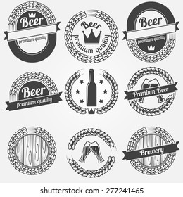 Beer labels or badges - vector black collection of brewery symbols in retro style