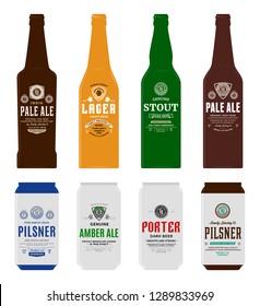 Beer labels, bottle and can mockup templates. Pale ale, pilsner, lager, stout, porter and amber ale labels. Brewing company branding and identity design elements.