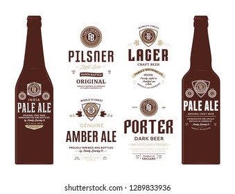 Beer labels and bottle mockup templates. Pale ale, pilsner, porter, amber ale and lager labels. Brewing company branding and identity design elements.