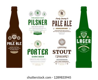 Beer labels and bottle mockup templates. Pale ale, pilsner, porter, stout and lager labels. Brewing company branding and identity design elements.