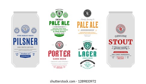 Beer labels and can mockup templates. Pale ale, pilsner, lager, porter and stout labels. Brewing company branding and identity design elements.